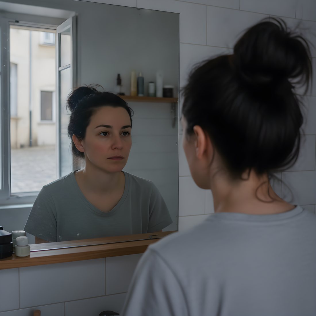 Femme se regardant dans le miroir le matin