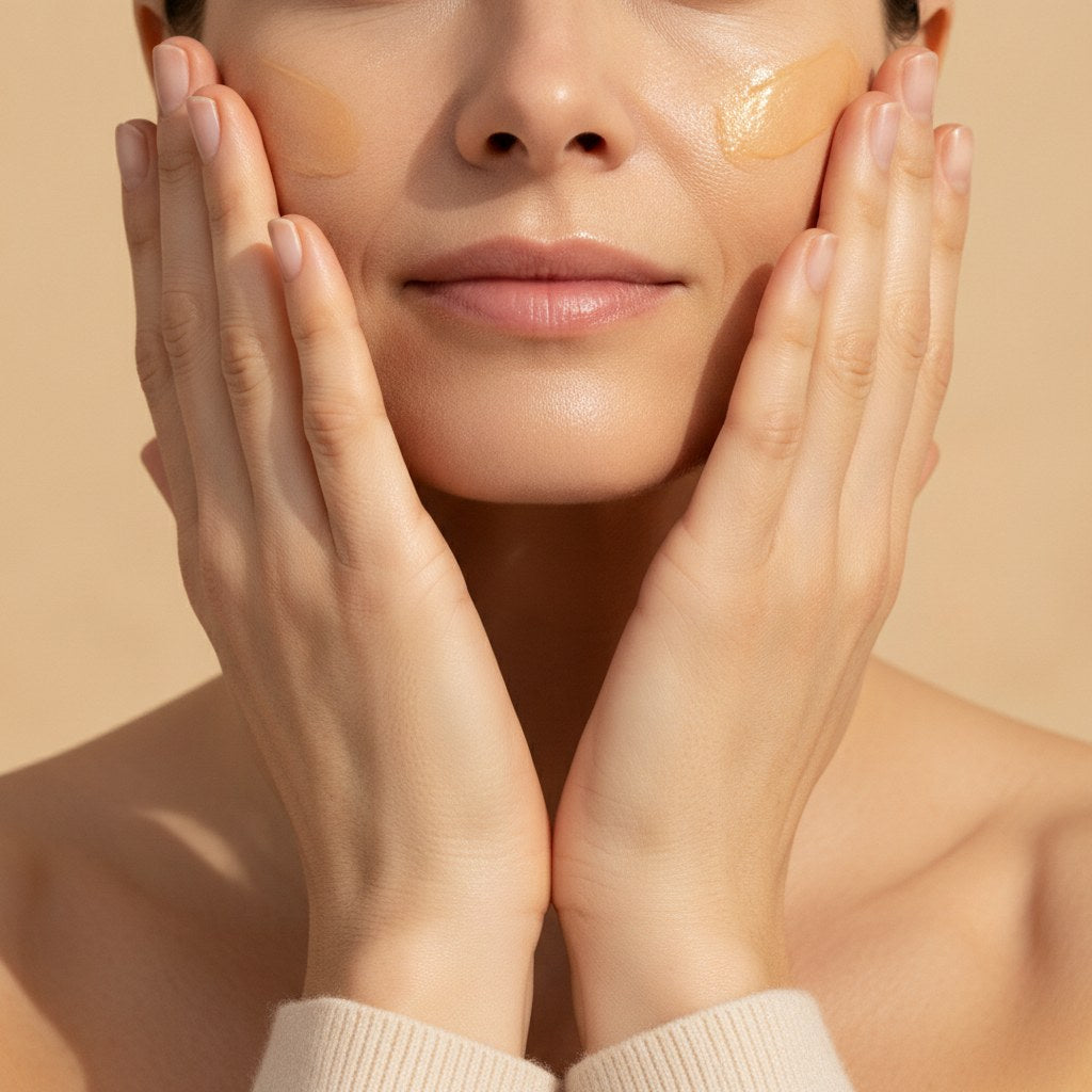 Mains qui pressent le baume sur le visage
